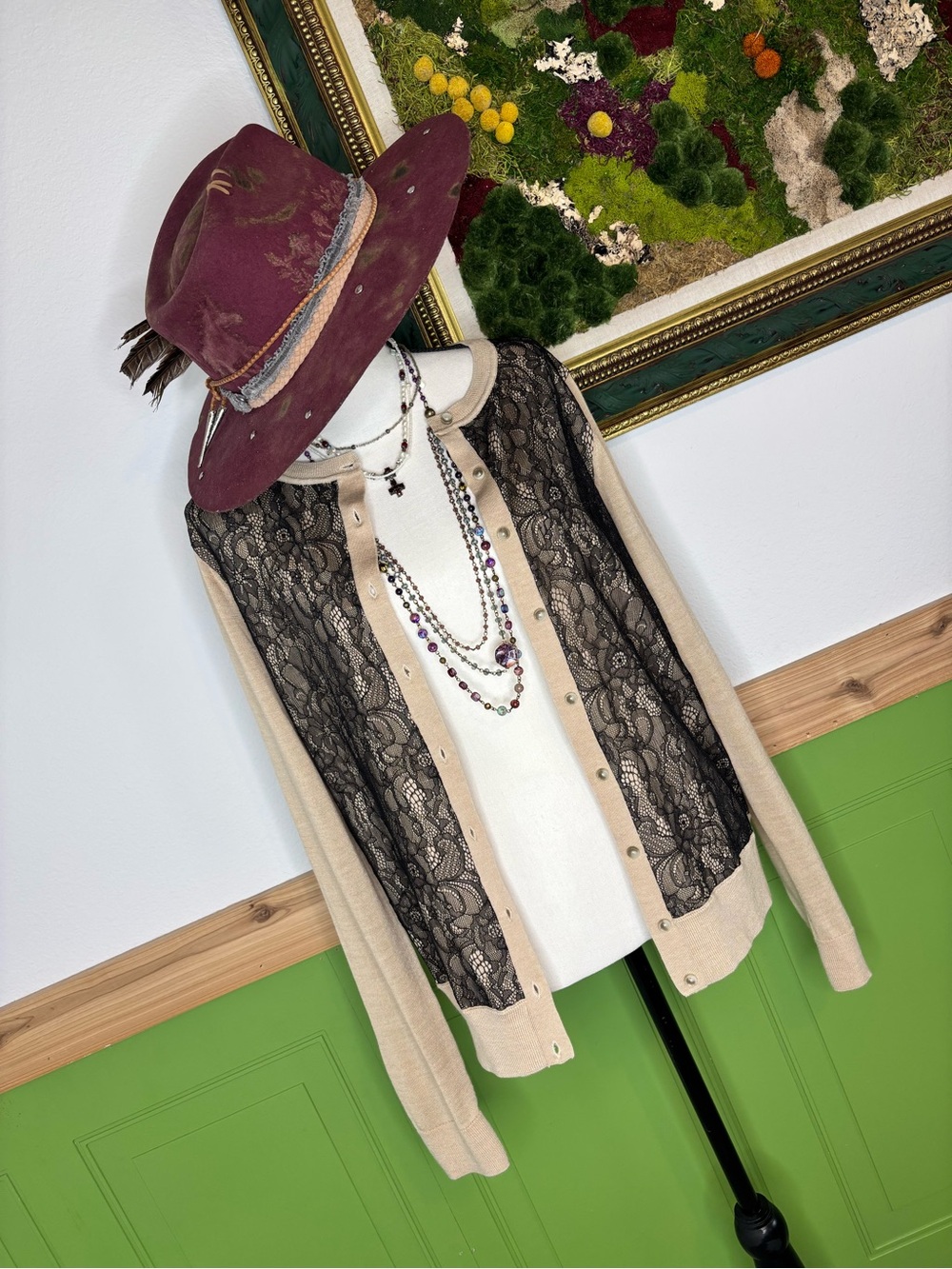 NWT Ann Taylor Loft Tan with Black Lace Button Cardigan Sweater